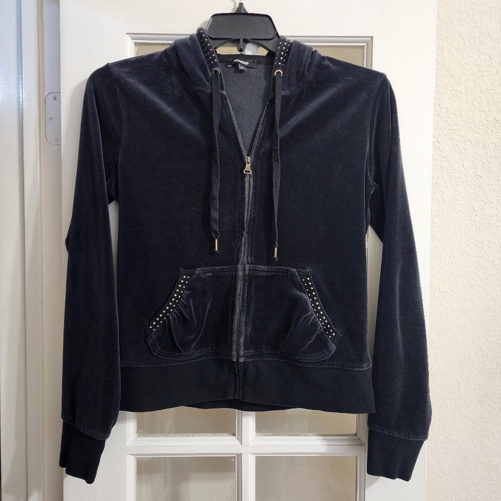 Express Velour Zip Hoodie Studded Pocket Y2K Lounge Jacket Size M